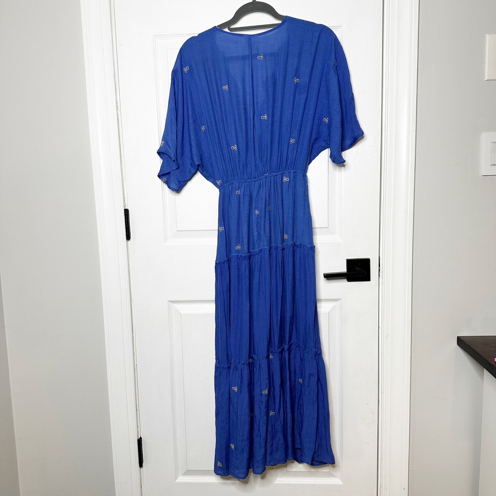 Fig and Flower‎ Blue Embroidered Maxi Dress Boho Tiered V Neck Kimono Sleeve M - Picture 7 of 7